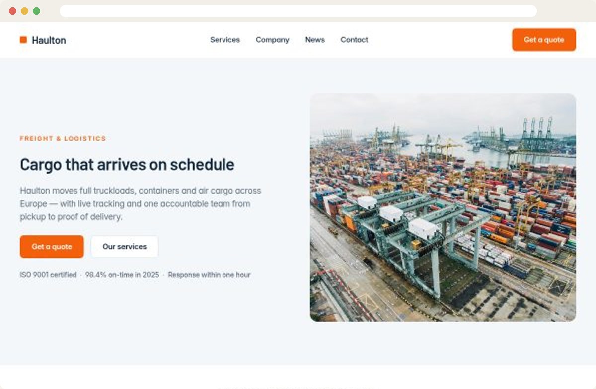 Haulton template — homepage in a browser window